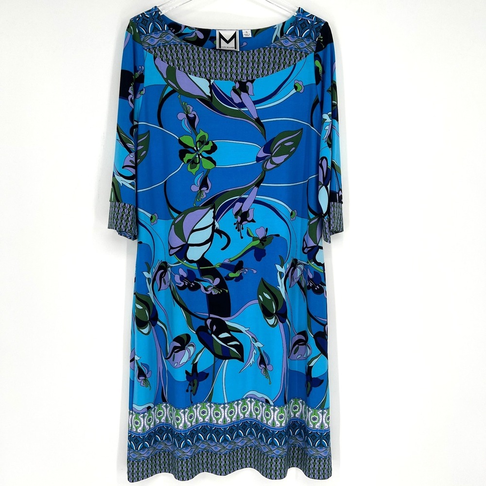 Marc Bouwer Dress Womens XL Retro Floral 70s Blue Tropical Hippie Shift